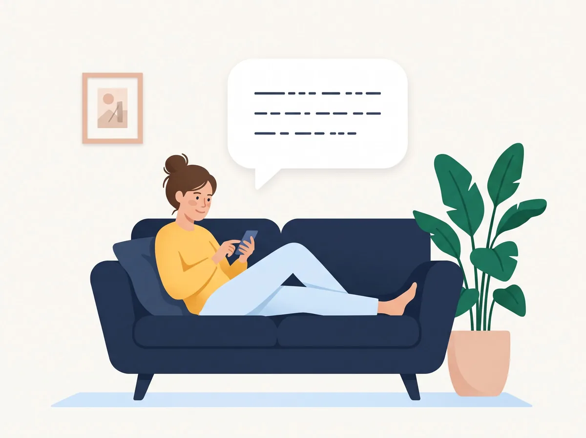 En kvinde ligger afslappet i sofaen og skriver sin opgave på telefonen.