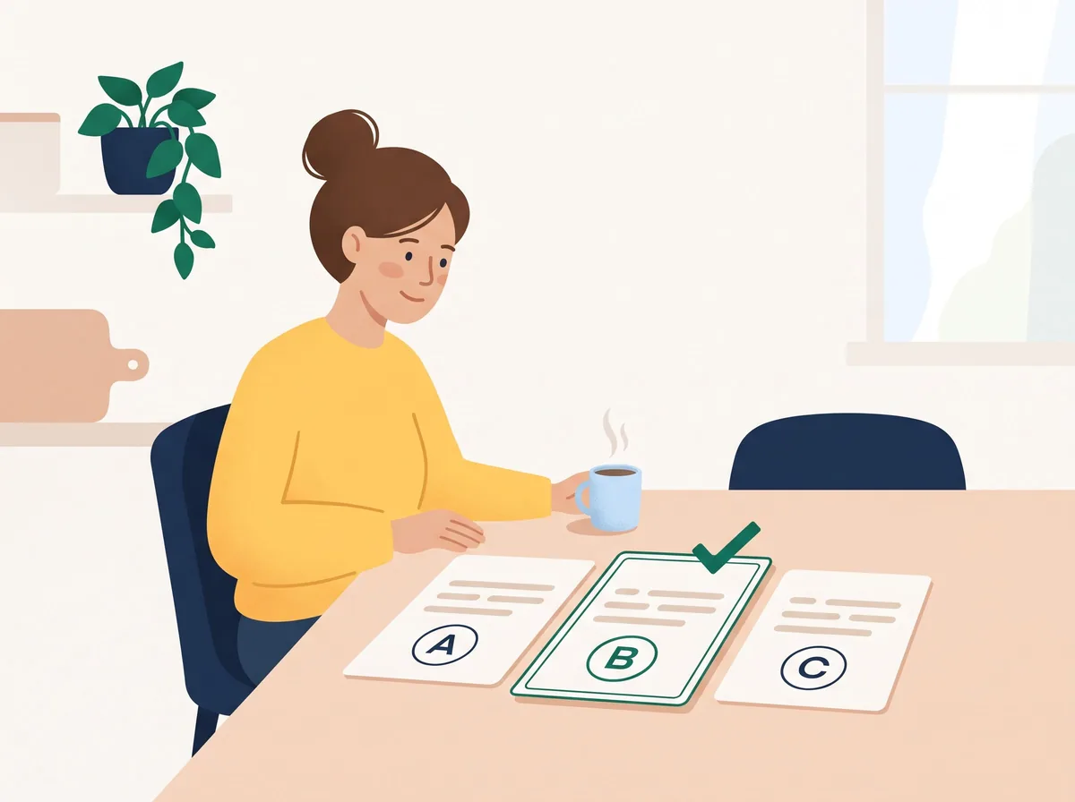 Kvinden sidder ved køkkenbordet med kaffe og sammenligner tre tilbud, A, B og C.